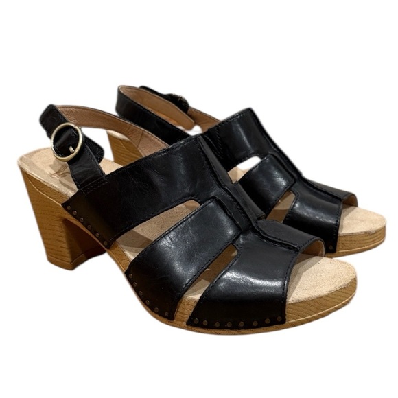 New Dansko Woman Tatiana Leather Heel Sandals Sz 38 Black Classic Comfort Boho - Picture 2 of 12